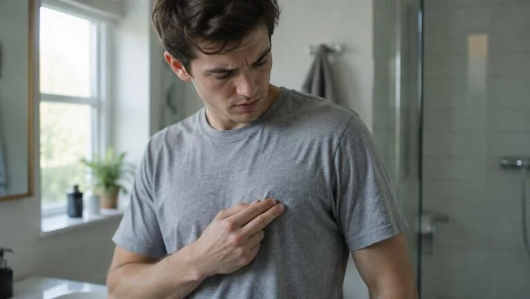 Young man pressing gently on his chest through a t-shirt to feel for a lump under the nipple