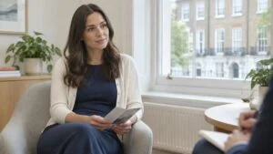 Woman in a London clinic consultation room reading an information leaflet about having a BBL and breast fat transfer at the same time