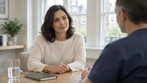 Trans woman discussing facial feminisation surgery with or without hormone therapy during a consultation at a London clinic