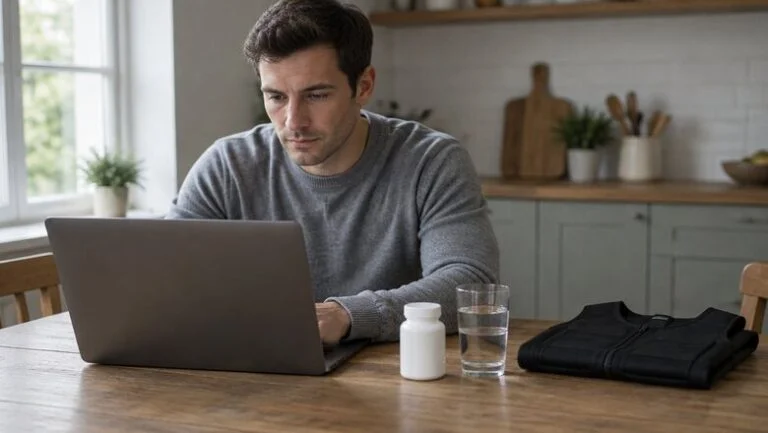 Man reading about gynecomastia treatment without surgery at a kitchen table beside a pill bottle and a folded compression vest