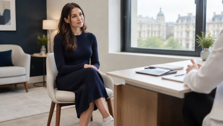 Slim woman in a navy knit dress at a BBL consultation in a London clinic, discussing whether she has enough fat for a Brazilian butt lift