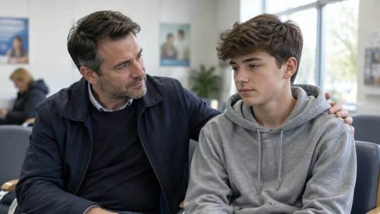 Father supporting his teenage son in a GP surgery waiting room before an appointment about teenage gynecomastia