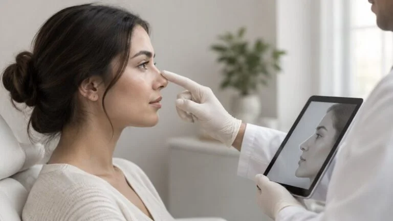 Young adult woman in a rhinoplasty consultation as a surgeon assesses her nose profile at Centre for Surgery London