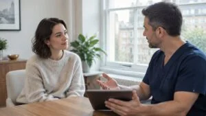 Patient discussing top surgery reversal and breast reconstruction options with a plastic surgeon during a consultation in London