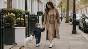 Mother walking with her toddler on a Marylebone street in London, thinking about a BBL after pregnancy
