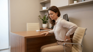 Woman with hands on lower back experiencing back pain potentially related to breast implants — Centre for Surgery London