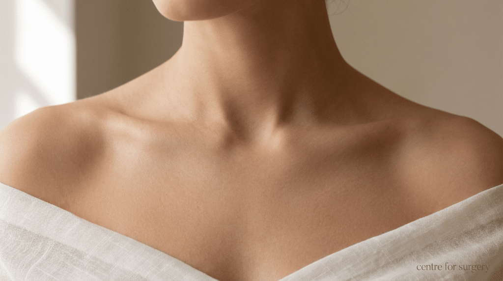 Editorial photograph of a woman's bare upper chest and decolletage showing the natural breast contour from collarbones to upper bust line for inverted nipple correction at Centre for Surgery Baker Street London