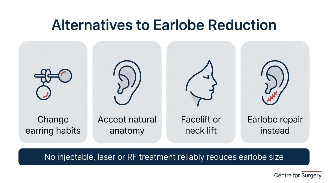 Infographic of alternatives to earlobe reduction: change earring habits, accept natural anatomy, facelift or neck lift, and earlobe repair, with a note that no injectable, laser or RF treatment reliably reduces earlobe size