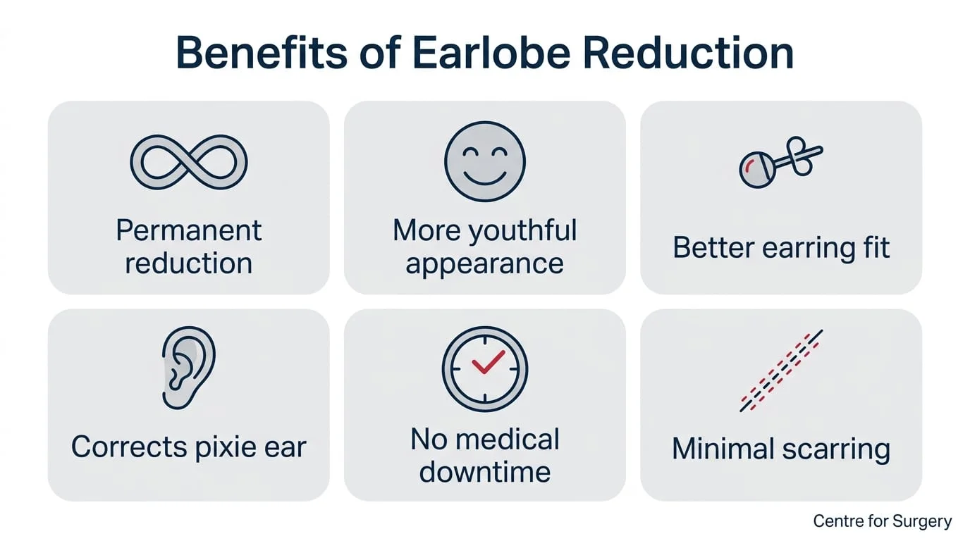 Infographic grid of six benefits of earlobe reduction: permanent reduction, more youthful appearance, better earring fit, corrects pixie ear, no medical downtime, and minimal scarring