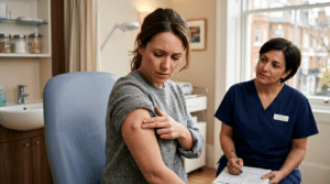 Patient pressing on painful lump on upper arm looking concerned at private London cosmetic surgery clinic