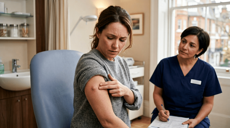Patient pressing on painful lump on upper arm looking concerned at private London cosmetic surgery clinic