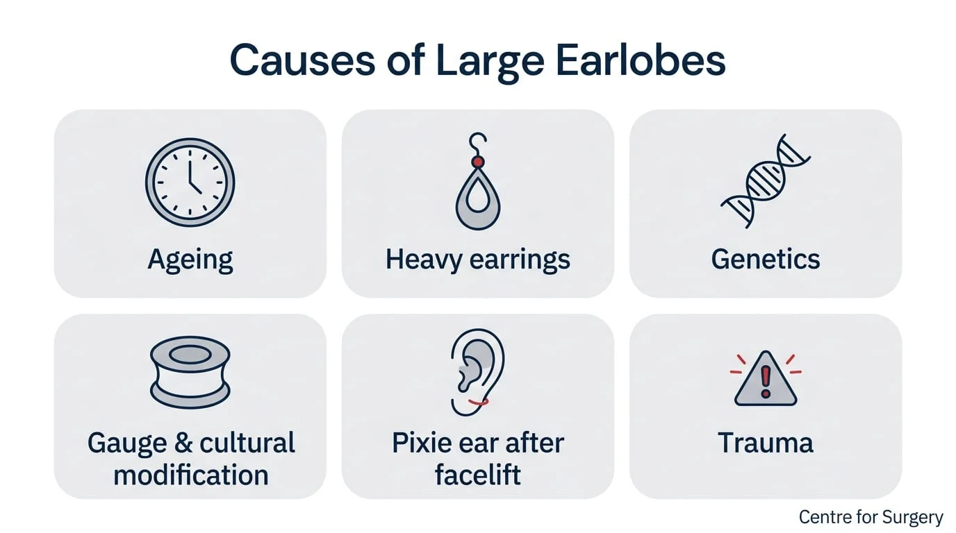 Infographic grid of six causes of large or elongated earlobes: ageing, heavy earrings, genetics, gauge and cultural modification, pixie ear after facelift, and trauma
