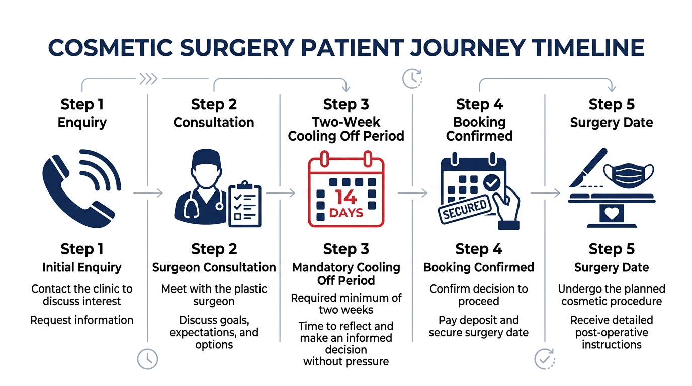 Patient journey timeline diagram showing the five steps of cosmetic surgery including the two-week cooling-off period — Centre for Surgery London