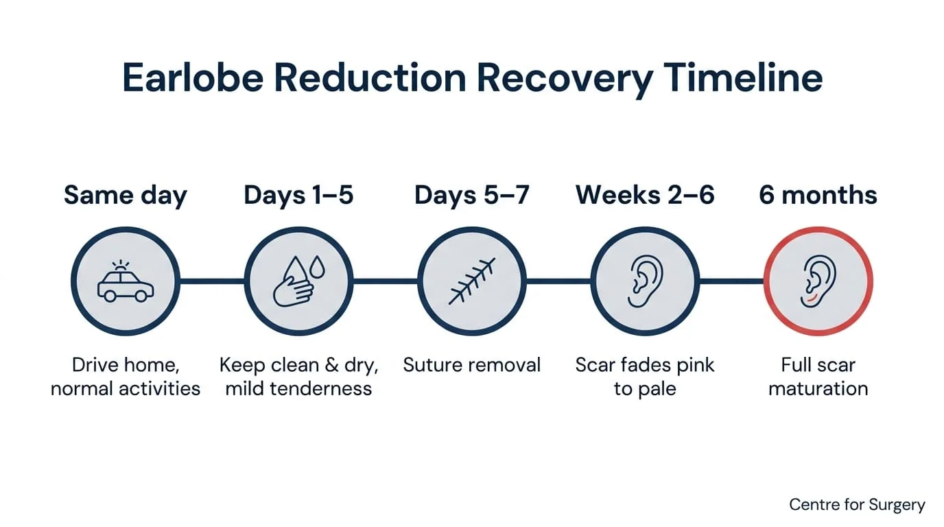 Recovery timeline for earlobe reduction: same day drive home and normal activities, days 1 to 5 keep clean and dry, days 5 to 7 suture removal, weeks 2 to 6 scar fades, full scar maturation at 6 months