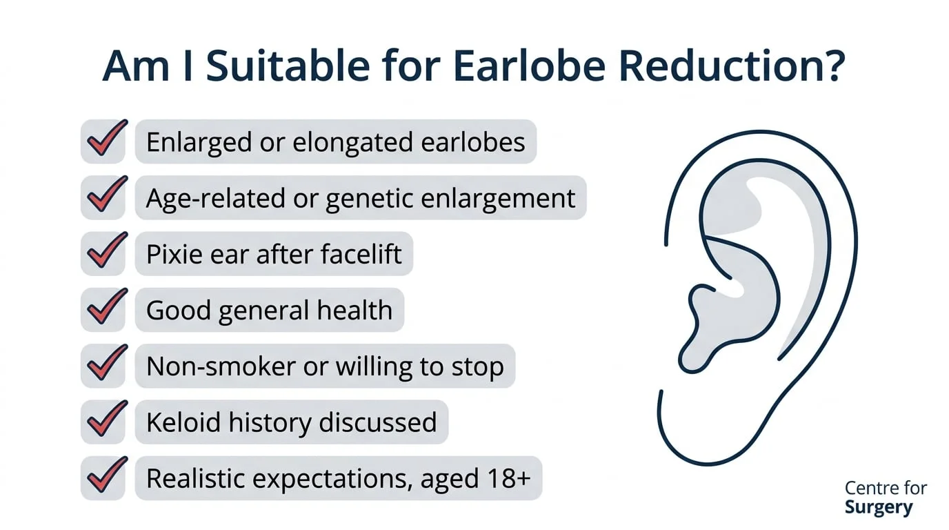 Checklist of suitability for earlobe reduction: enlarged or elongated earlobes, age-related or genetic enlargement, pixie ear after facelift, good general health, non-smoker or willing to stop, keloid history discussed, and realistic expectations aged 18 or over