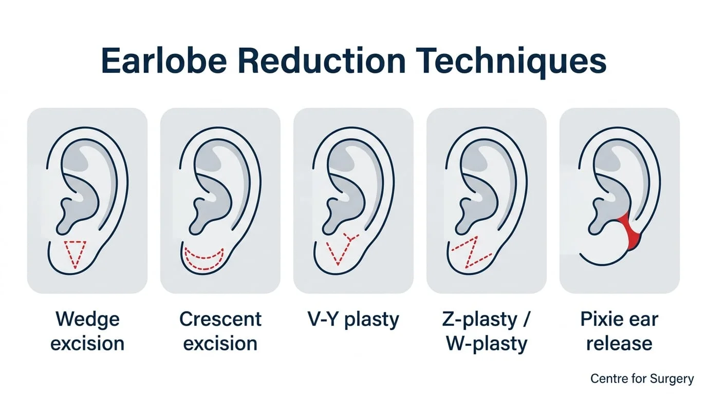 Diagram of five earlobe reduction techniques shown on the ear: wedge excision, crescent excision, V-Y plasty, Z-plasty or W-plasty, and pixie ear release