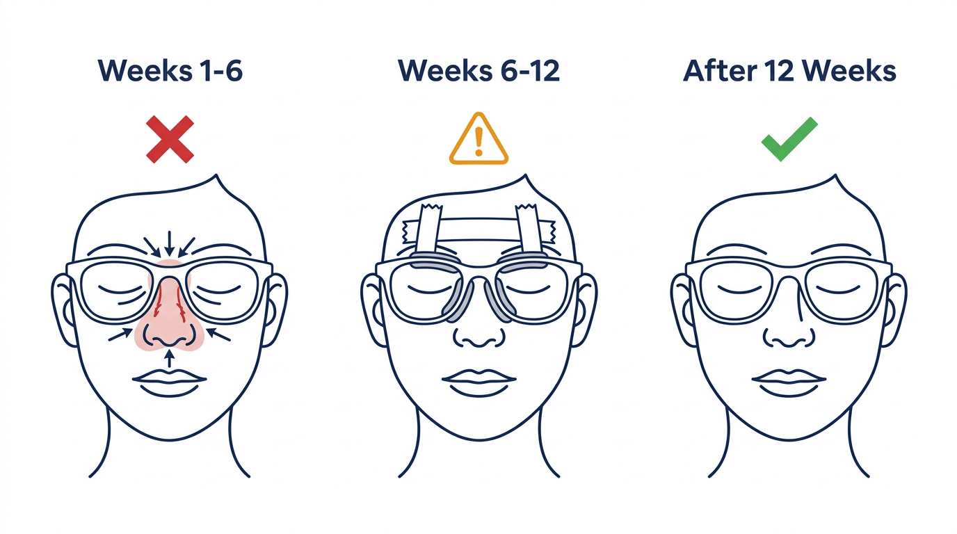 Glasses wearing timeline diagram after rhinoplasty showing weeks 1-6 no glasses weeks 6-12 taped glasses and after 12 weeks normal wear — Centre for Surgery London