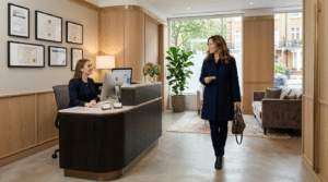 Patient arriving at CQC-regulated private cosmetic surgery clinic reception at Centre for Surgery London Baker Street