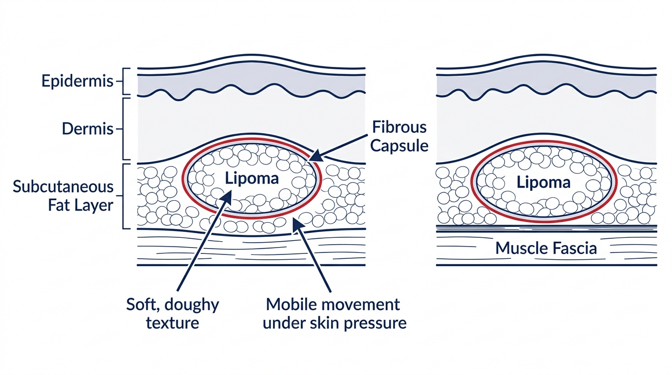 Medical cross-section anatomy diagram showing lipoma location in subcutaneous fat layer between skin and muscle with fibrous capsule labelled — Centre for Surgery London