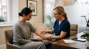 Surgeon examining a lump on a patient's arm during consultation at Centre for Surgery London Baker Street clinic