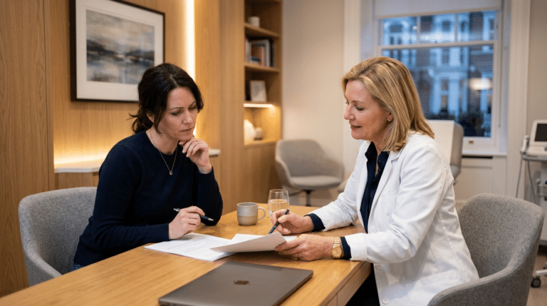 Patient in consultation with surgeon at Centre for Surgery London discussing concerns about cosmetic surgery results