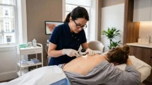 Doctor examining mole on patient's back with dermatoscope at Centre for Surgery London Baker Street private clinic