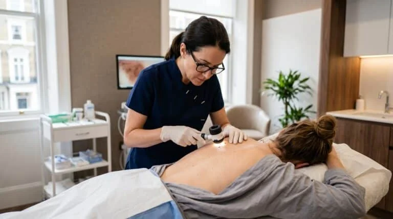 Doctor examining mole on patient's back with dermatoscope at Centre for Surgery London Baker Street private clinic