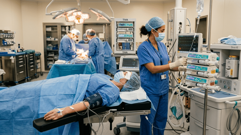 Patient in modern private surgical theatre receiving TIVA total intravenous anaesthesia at Centre for Surgery London Baker Street