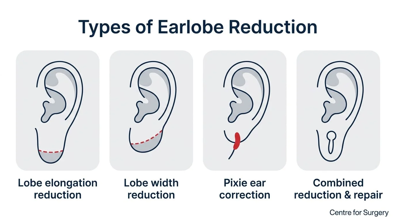 Diagram showing four types of earlobe reduction: lobe elongation reduction, lobe width reduction, pixie ear correction, and combined reduction and repair