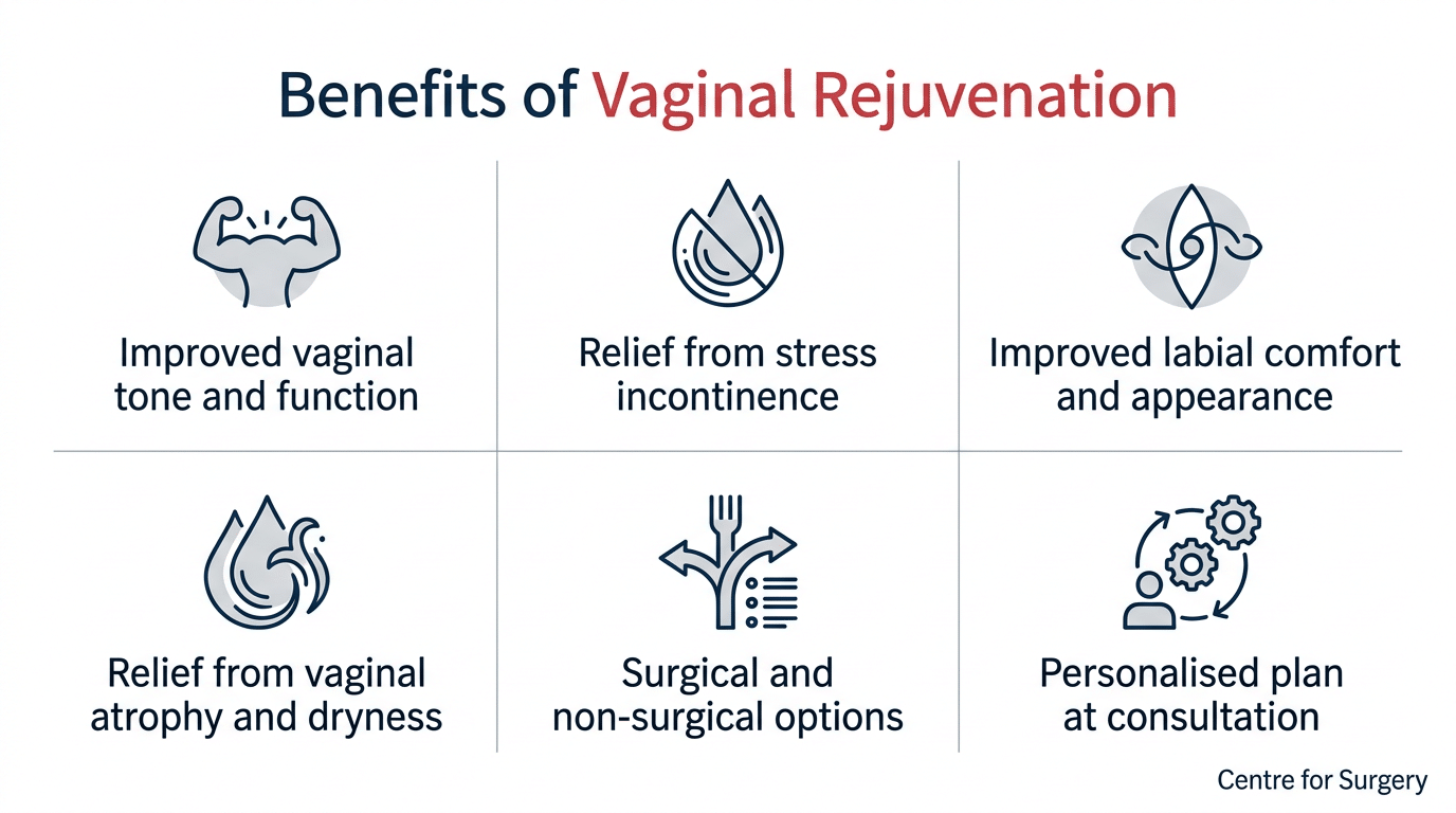 Benefits of vaginal rejuvenation diagram — improved tone and function, relief from stress incontinence, improved labial comfort, relief from atrophy and dryness, surgical and non-surgical options, personalised plan