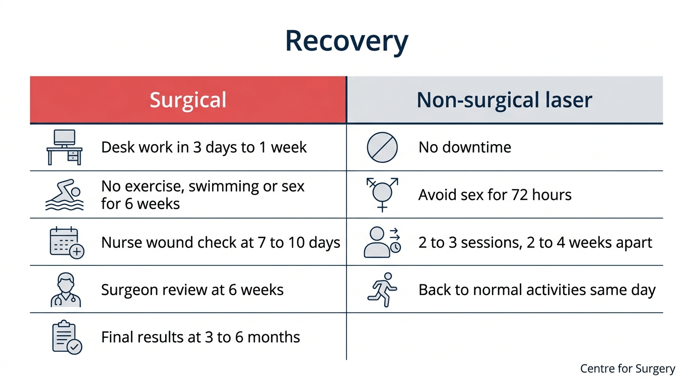 Vaginal rejuvenation recovery comparison — surgical recovery timeline versus non-surgical Fotona laser recovery