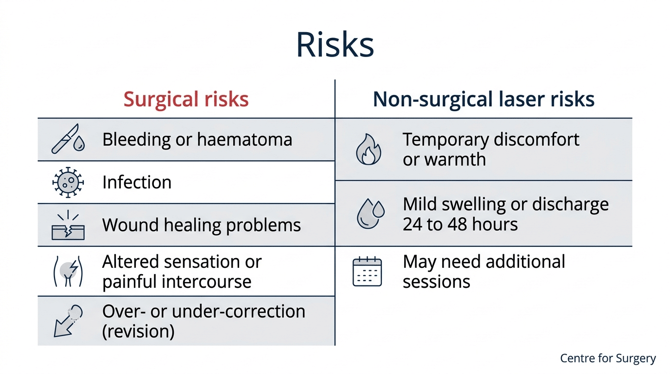 Vaginal rejuvenation risks comparison — surgical risks versus non-surgical Fotona laser risks