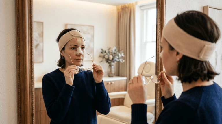 Patient holding glasses away from nose after rhinoplasty surgery at Centre for Surgery London Baker Street