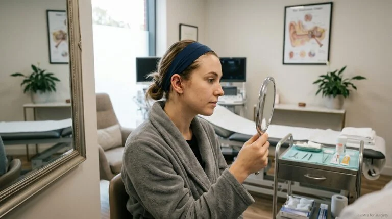 Patient after otoplasty ear pinning surgery examining results in mirror at Centre for Surgery London Baker Street