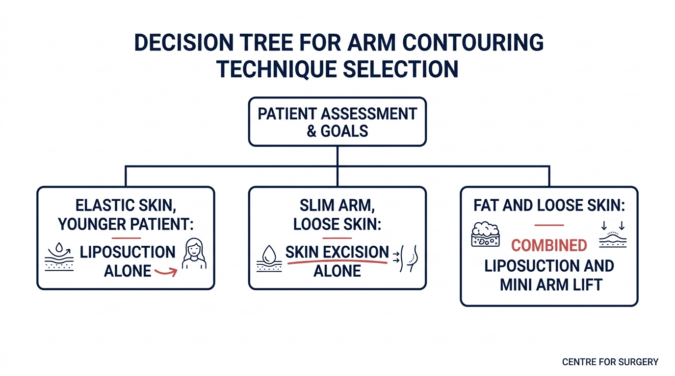 Decision tree diagram for choosing between liposuction alone, skin excision alone, or combined mini arm lift at Centre for Surgery London