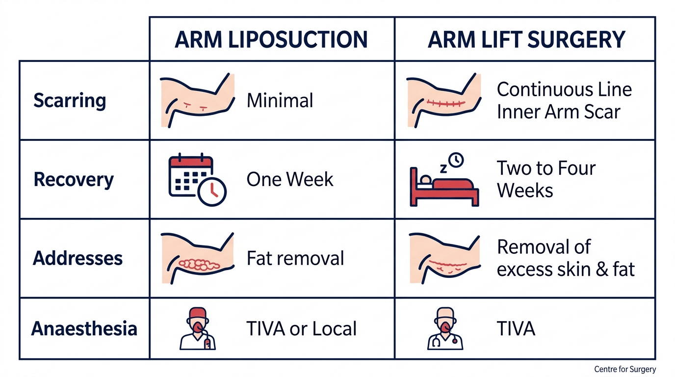 Comparison table diagram of arm liposuction versus arm lift surgery at Centre for Surgery London