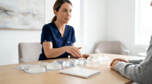 Different types of breast implants displayed on a clinic consultation table with a surgeon gesturing towards them at Centre for Surgery London