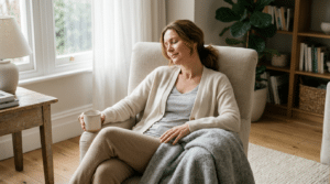 Woman relaxing comfortably at home during blepharoplasty recovery, Centre for Surgery London