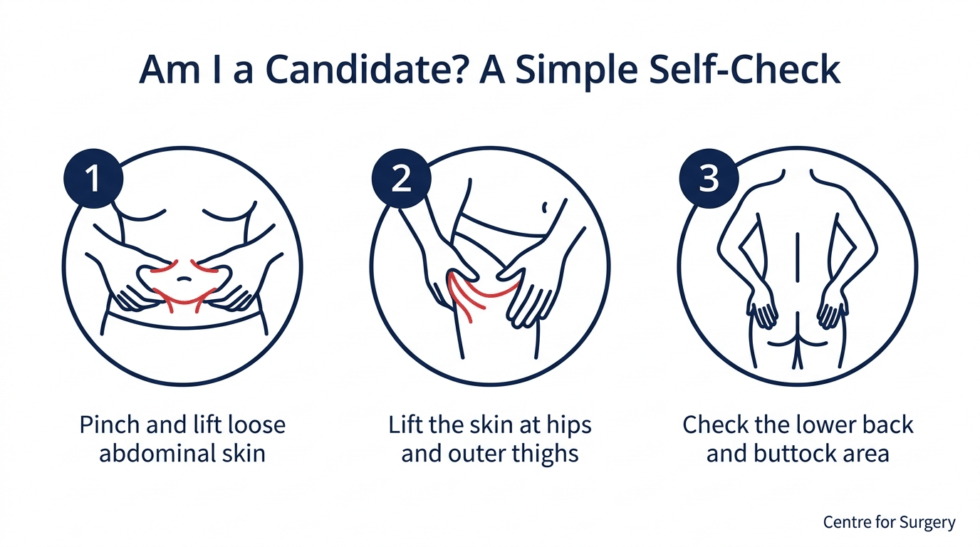 Three-step self-assessment diagram for checking body lift candidacy by pinching loose skin at the abdomen, hips and thighs, and lower back at Centre for Surgery London