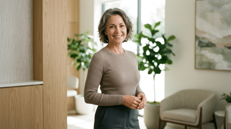 Confident healthy woman in her 50s representing breast augmentation for older women at Centre for Surgery London