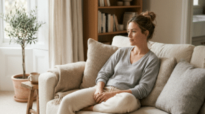 Woman relaxing comfortably at home during breast augmentation recovery, Centre for Surgery London