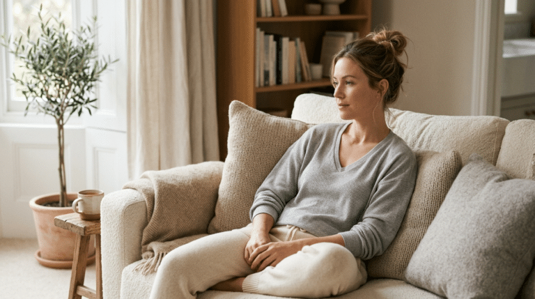 Woman relaxing comfortably at home during breast augmentation recovery, Centre for Surgery London