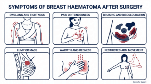 Infographic showing symptoms of a breast haematoma after surgery at Centre for Surgery London — swelling, pain, bruising, lump, warmth, restricted arm movement