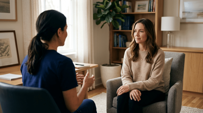 Woman in consultation with a plastic surgeon discussing breast implant placement options