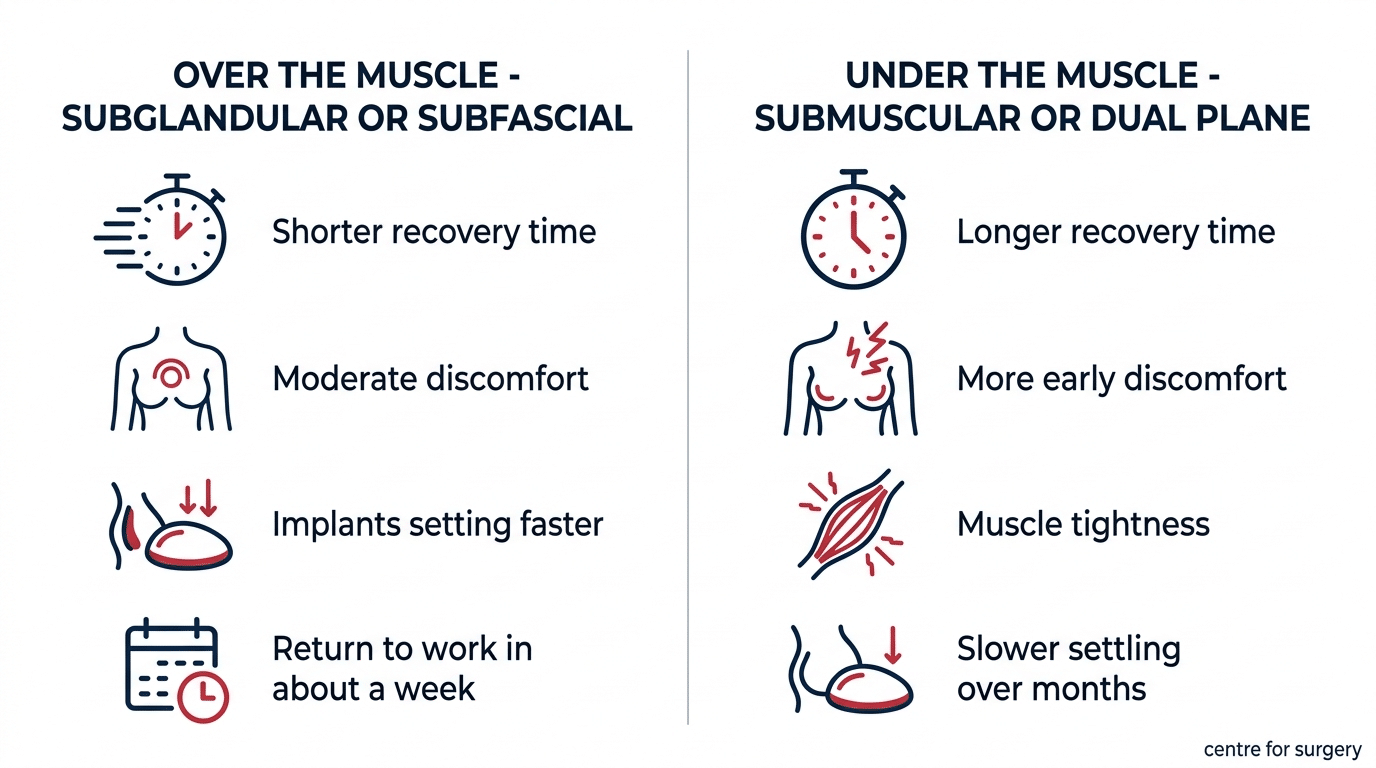 Comparison of recovery after breast implant placement over the muscle versus under the muscle, showing shorter recovery above the muscle and longer recovery below