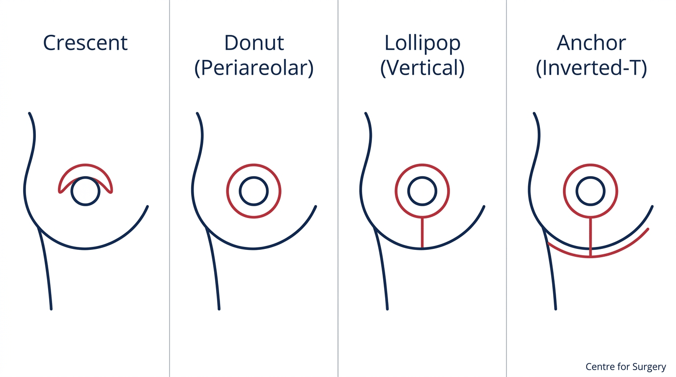 Diagram comparing four breast lift incision patterns at Centre for Surgery London — crescent, donut periareolar, lollipop vertical, and anchor inverted-T