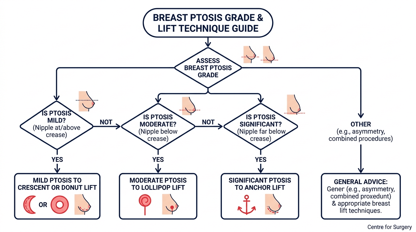 Decision flowchart matching breast ptosis grade to breast lift technique at Centre for Surgery London — mild to crescent or donut, moderate to lollipop, significant to anchor