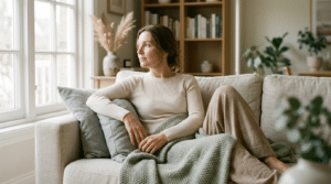 Woman relaxing comfortably at home during breast lift recovery, Centre for Surgery London