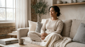 Woman relaxing comfortably at home during breast reduction recovery, Centre for Surgery London