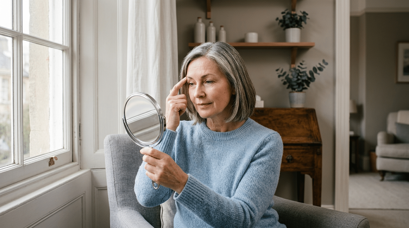Woman in her fifties performing the brow position test with a fingertip at the outer eyebrow while looking in a hand mirror — brow lift vs blepharoplasty assessment at Centre for Surgery London